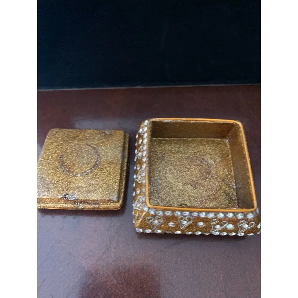 Gold Sparkle Trinket Jewelry‎ Box Holder Clear Rhinestone Inlay Square Resin